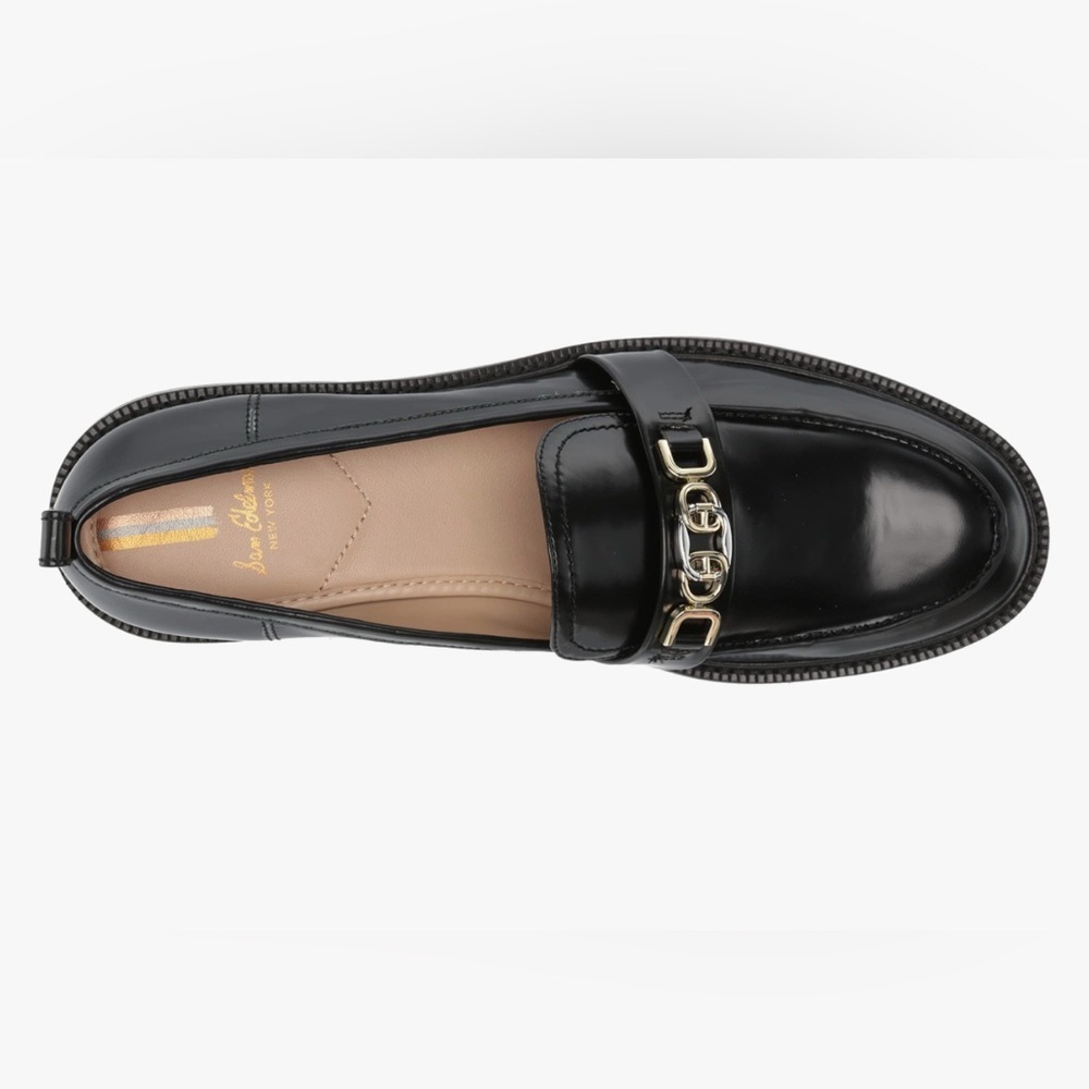 SAM EDELMAN Christy Black Loafers Gold Accent Chunky Block Heel Shoes Size 9.5 - Picture 4 of 8